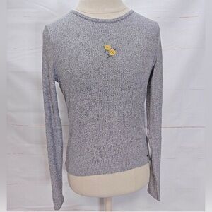 Hollister Preppy Gray w/ Yellow Flowers Ribbed Baby Tee Long Sleeve Super Soft